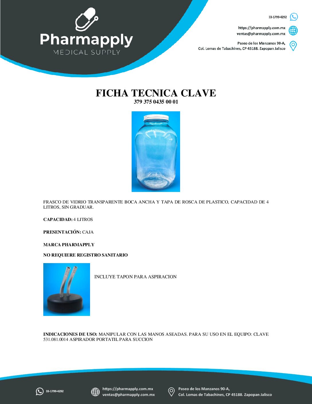 FRASCO DE VIDRIO 4LITROS CON TAPON DE ASPIRACION